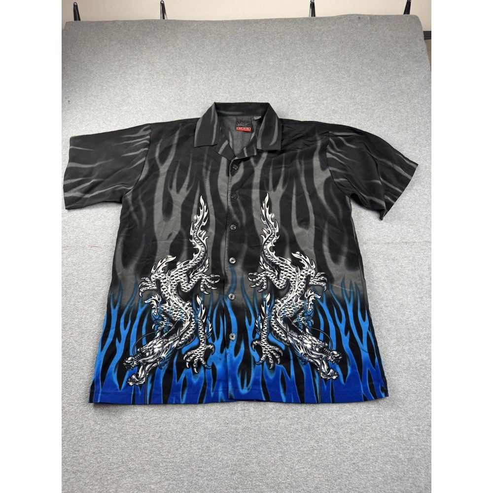 Vintage C-Two Blue Dragon & Flames Short Sleeve Double Sided Button Up Mens L